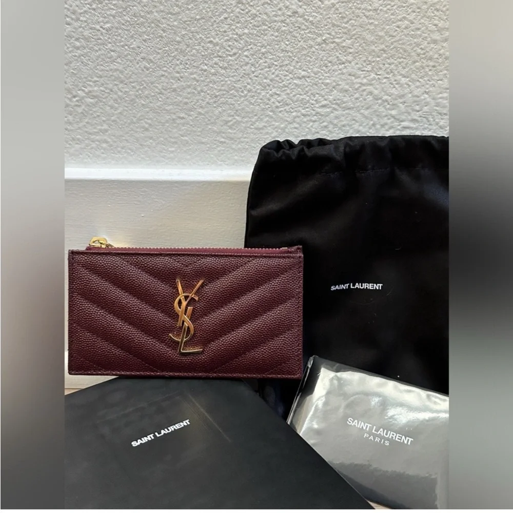 Yves Saint Laurent Burgundy Quilted Leather Card Case with Gold Logo - Picture 3 of 9